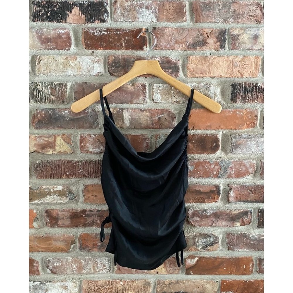Princess Polly Satin Draped Cami Tank Top Ruched Side Seam Black Size 2